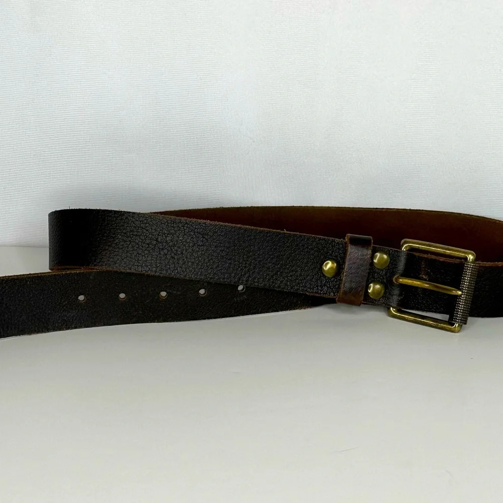 Brown Leather Belt Brass Buckle Unisex‎ Sz M